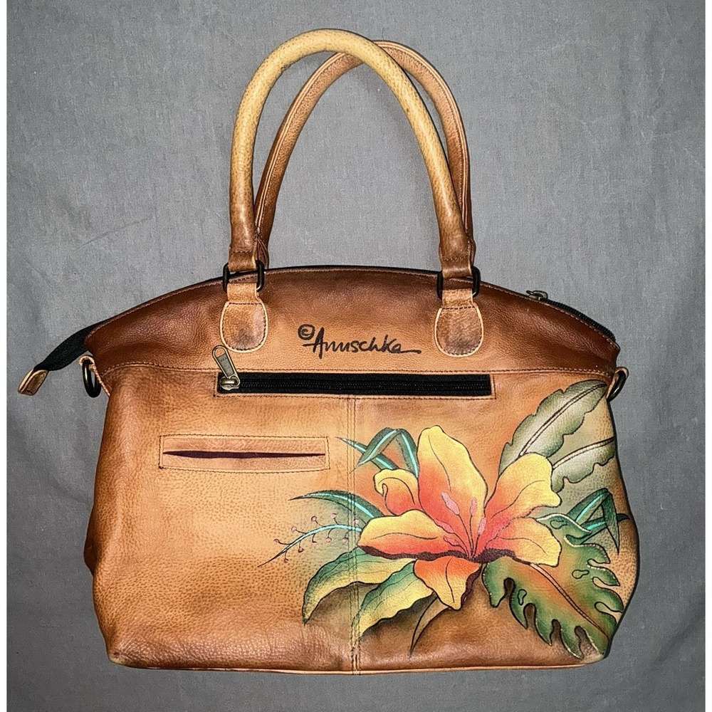 Anuschka Hand Painted Leather Satchel Bag Floral Art Purse Boho Hippie read